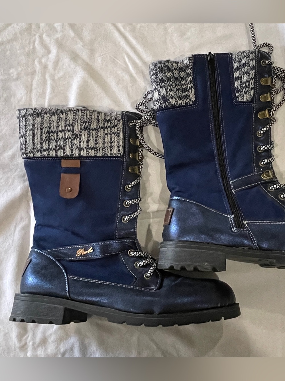 Suede Like Navy Knit-Cuff Lace-Up Boots w/Zip Closer, Cozy Warm Lining, Stylish
